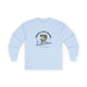 T-shirt bleu clair à manches longues avec un motif de poisson et un texte religieux.