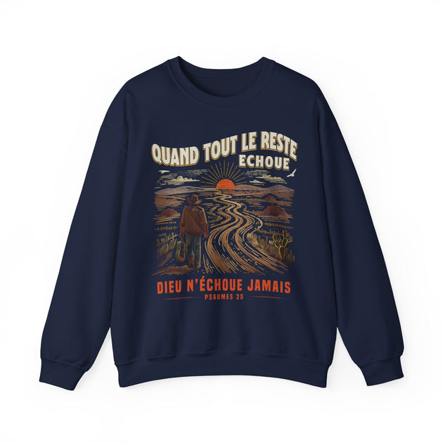 Sweat-shirt bleu marine pour homme avec une illustration de paysage et un message religieux.