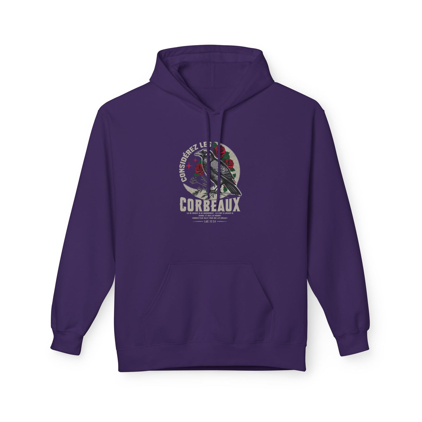 Sweat à capuche violet pour femme avec une illustration de corbeau et des roses sur la poitrine.