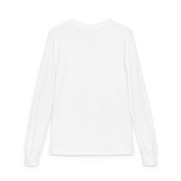 T-shirt blanc à manches longues pour enfant avec poignets côtelés, vu de dos.