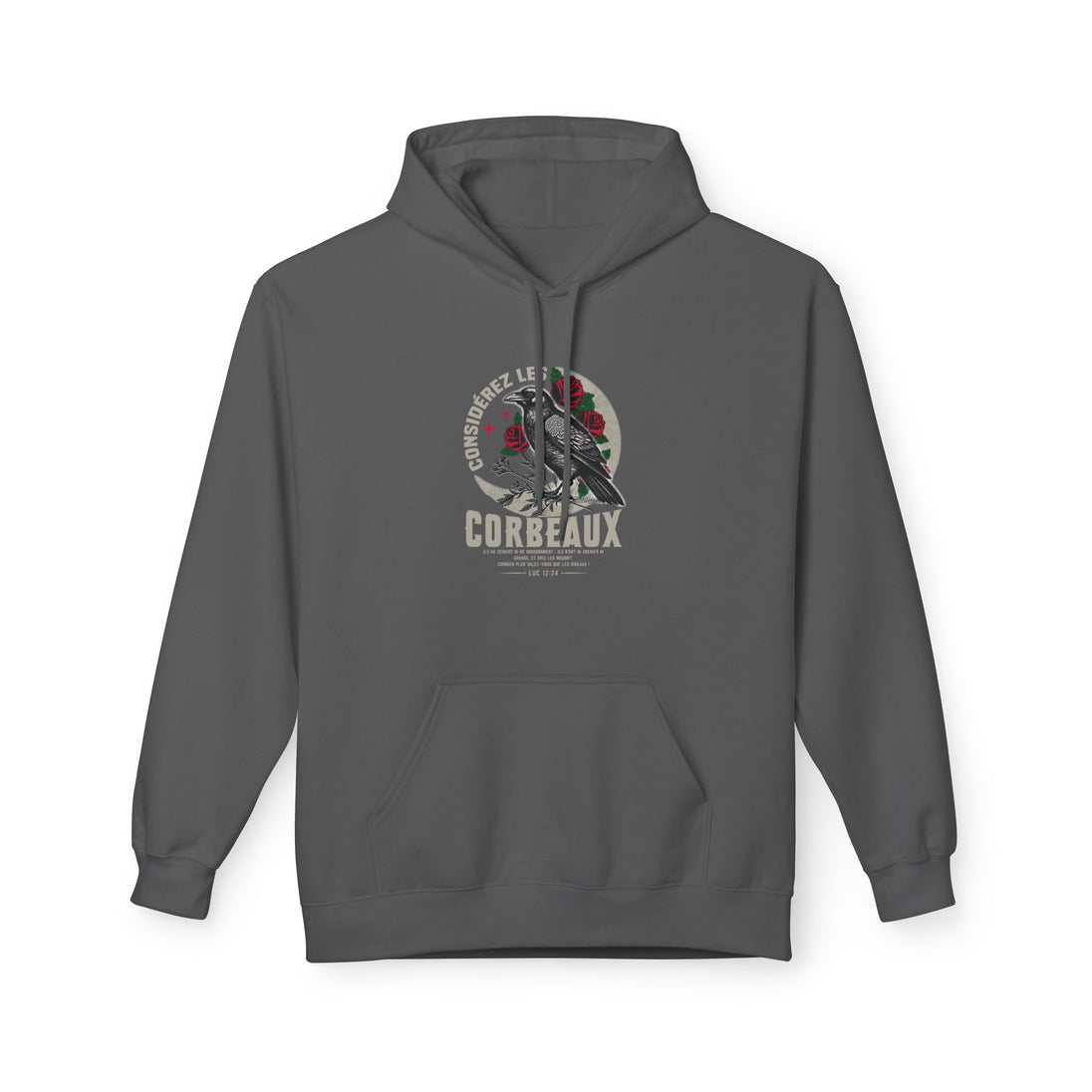 Sweat à capuche gris foncé avec une illustration de corbeau et de roses sur la poitrine.