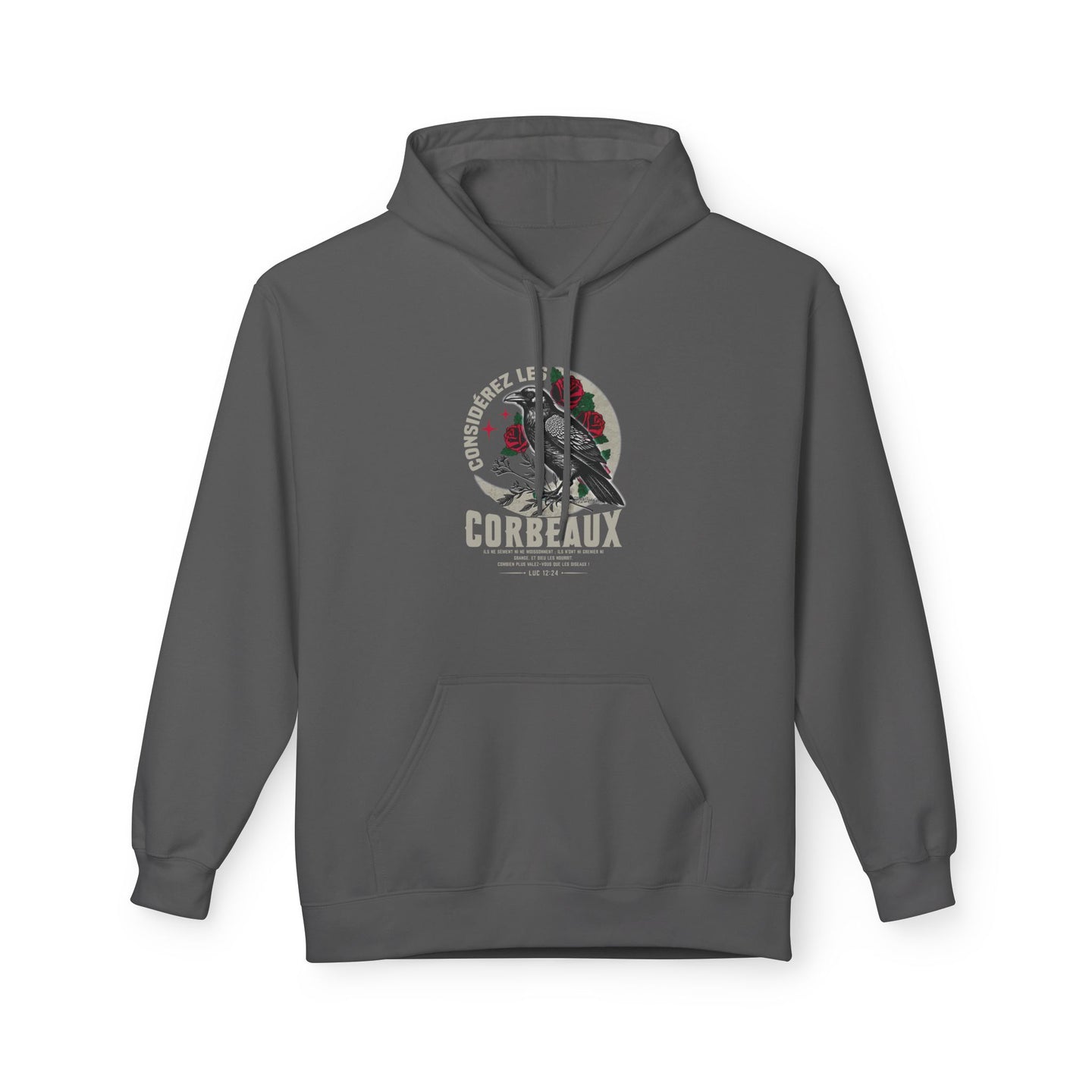 Sweat à capuche gris foncé avec une illustration de corbeau et de roses sur la poitrine.