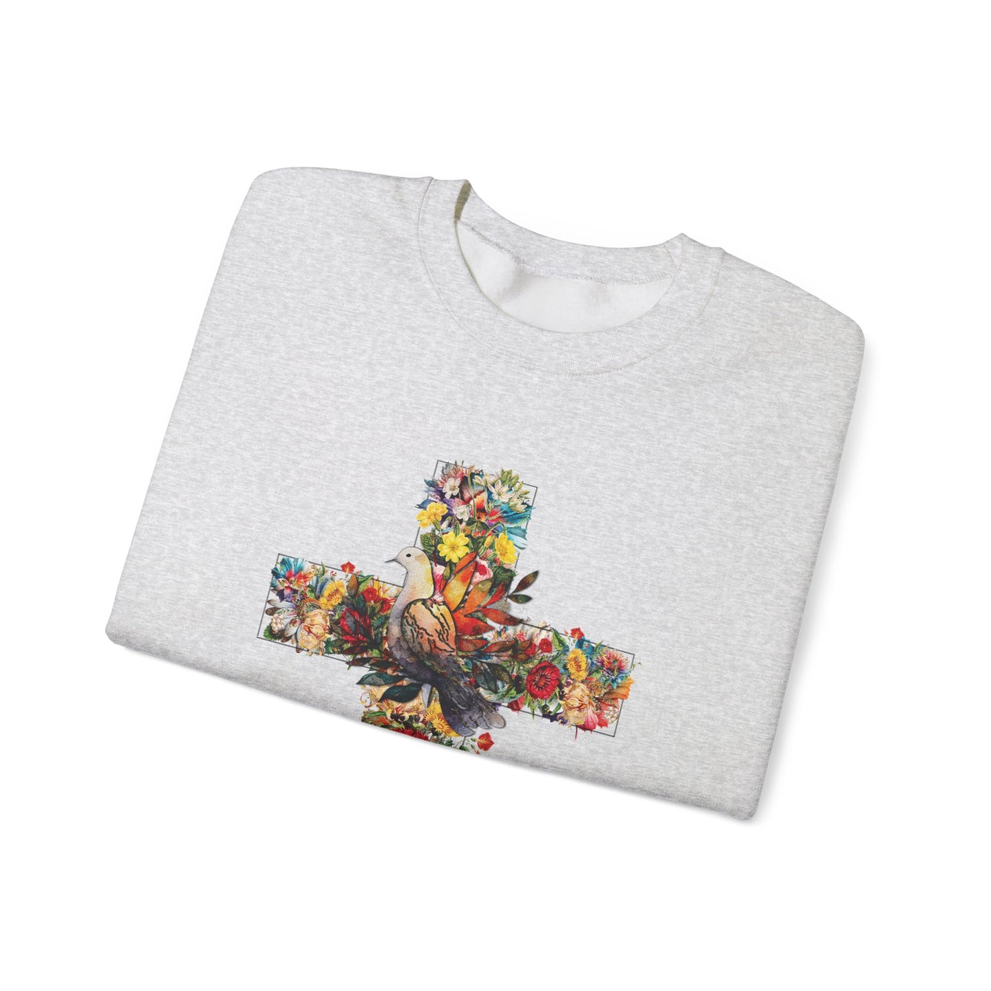 Sweat-shirt gris chiné pour femme orné d'une croix florale avec une colombe au centre.