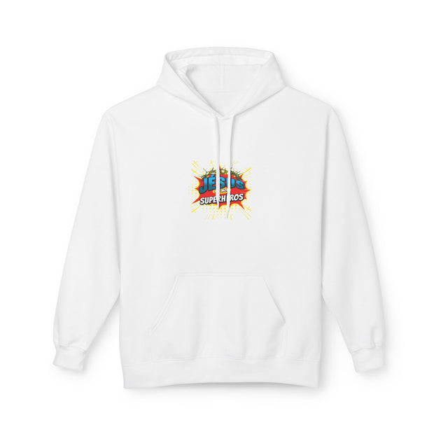 Sweat à capuche blanc pour femme avec un motif graphique coloré centré sur la poitrine.