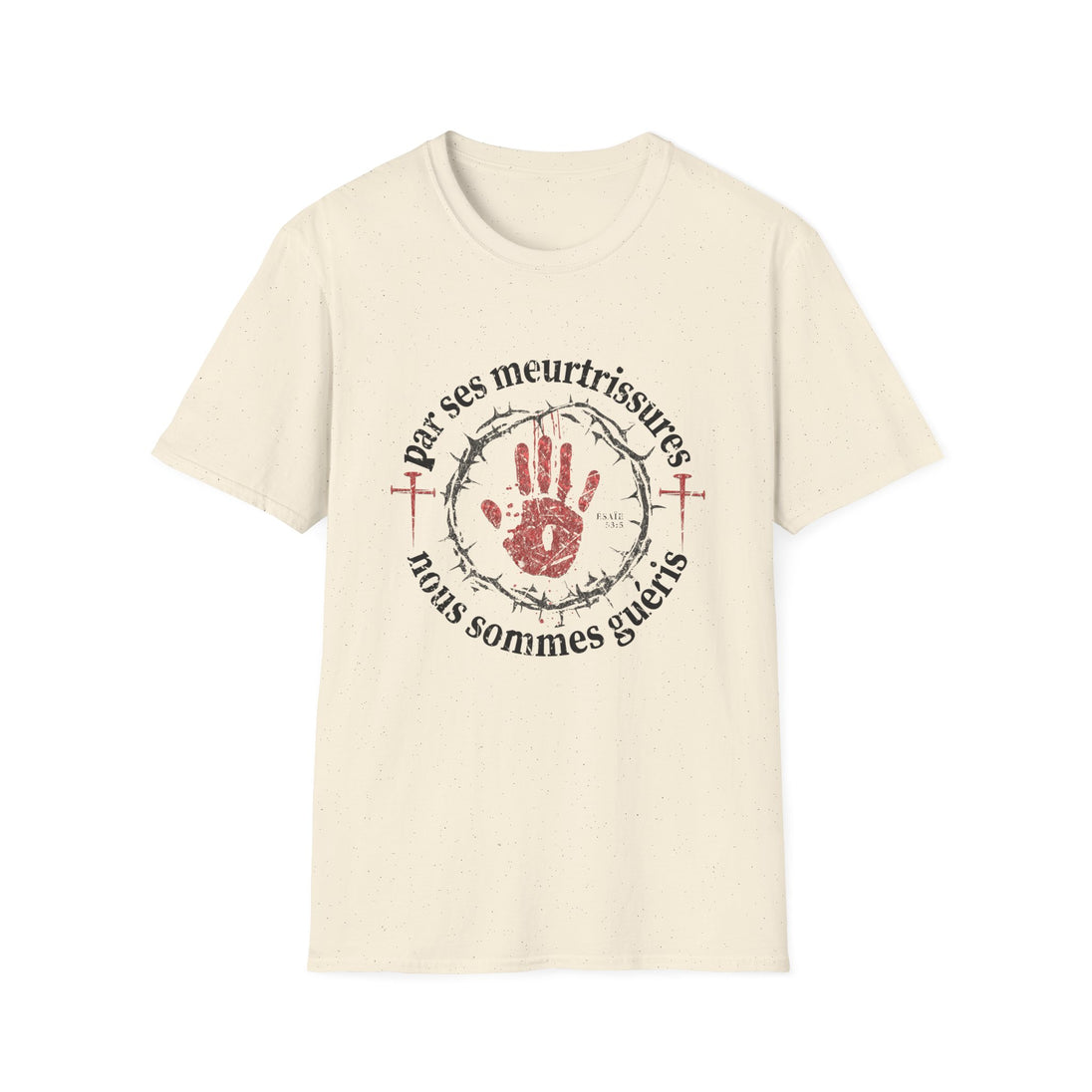 T-shirt beige en coton avec une impression religieuse rouge et noire centrée sur la poitrine.
