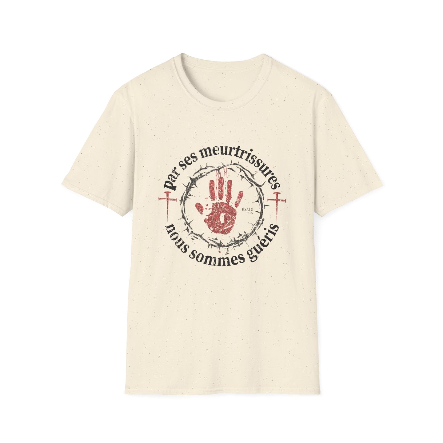 T-shirt beige en coton avec une impression religieuse rouge et noire centrée sur la poitrine.