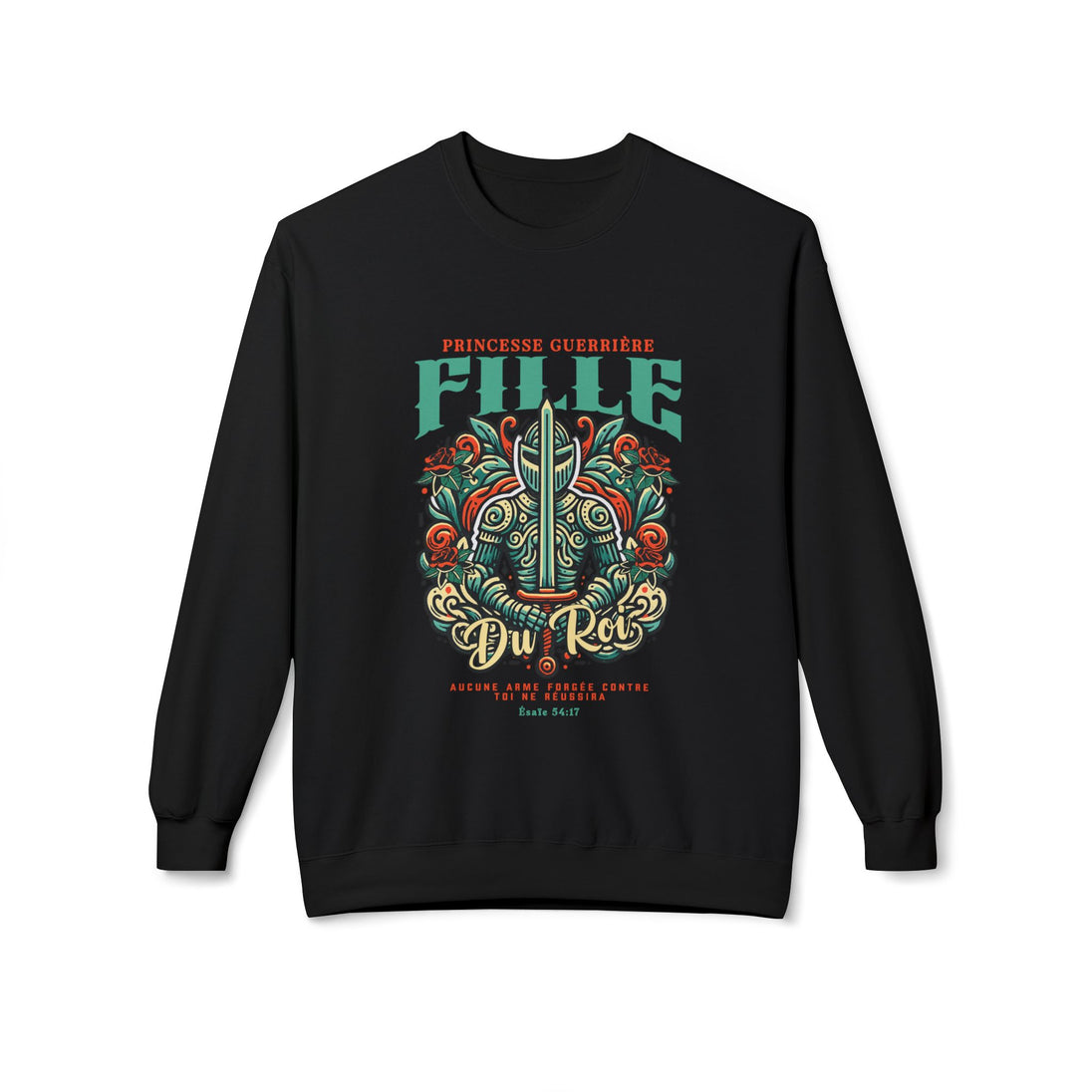 Sweat-shirt noir pour femme avec une illustration de chevalier et un texte religieux en français.