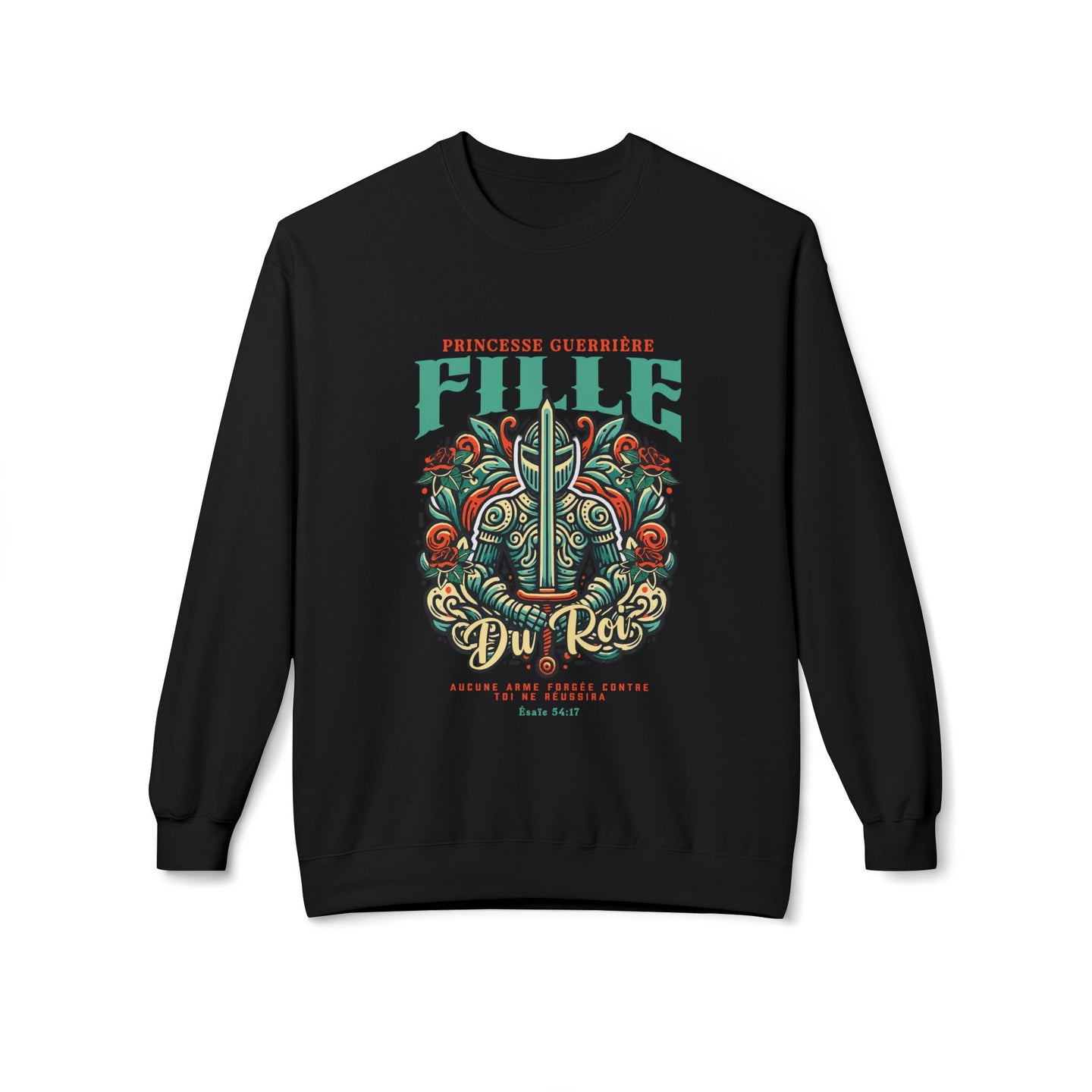 Sweat-shirt noir pour femme avec une illustration de chevalier et un texte religieux en français.