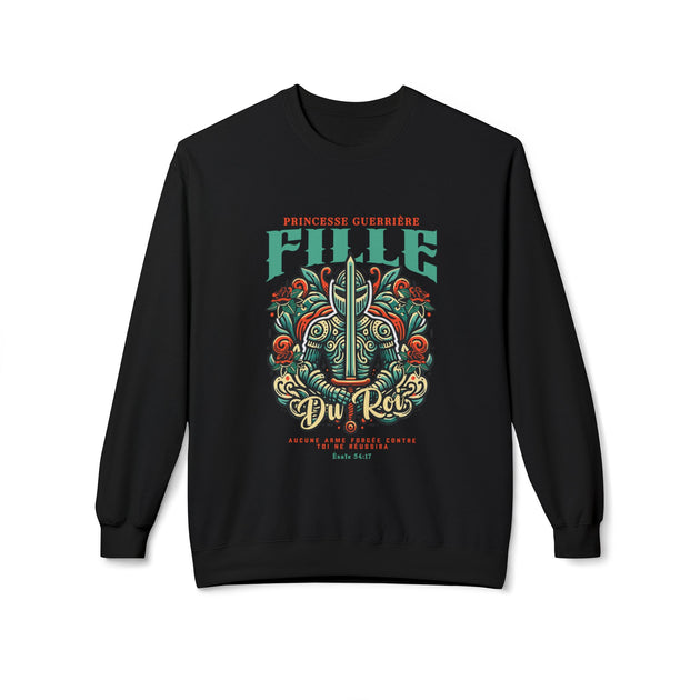 Sweat-shirt noir pour femme avec une illustration de chevalier et un texte religieux en français.