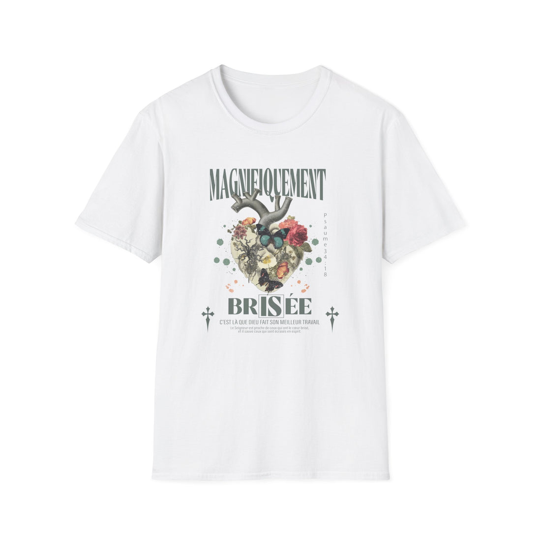 T-shirt blanc pour femme avec une illustration de cœur floral et le texte Magnifiquement brisée.