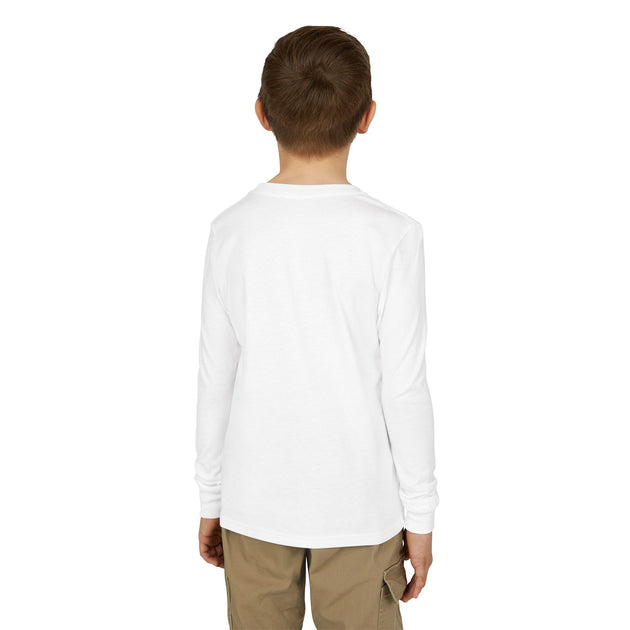 Un enfant vu de dos portant un t-shirt blanc à manches longues en coton.