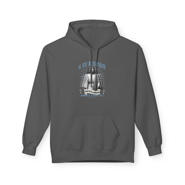 Sweat à capuche gris foncé pour femme avec une illustration religieuse et le texte Il est ressuscité.