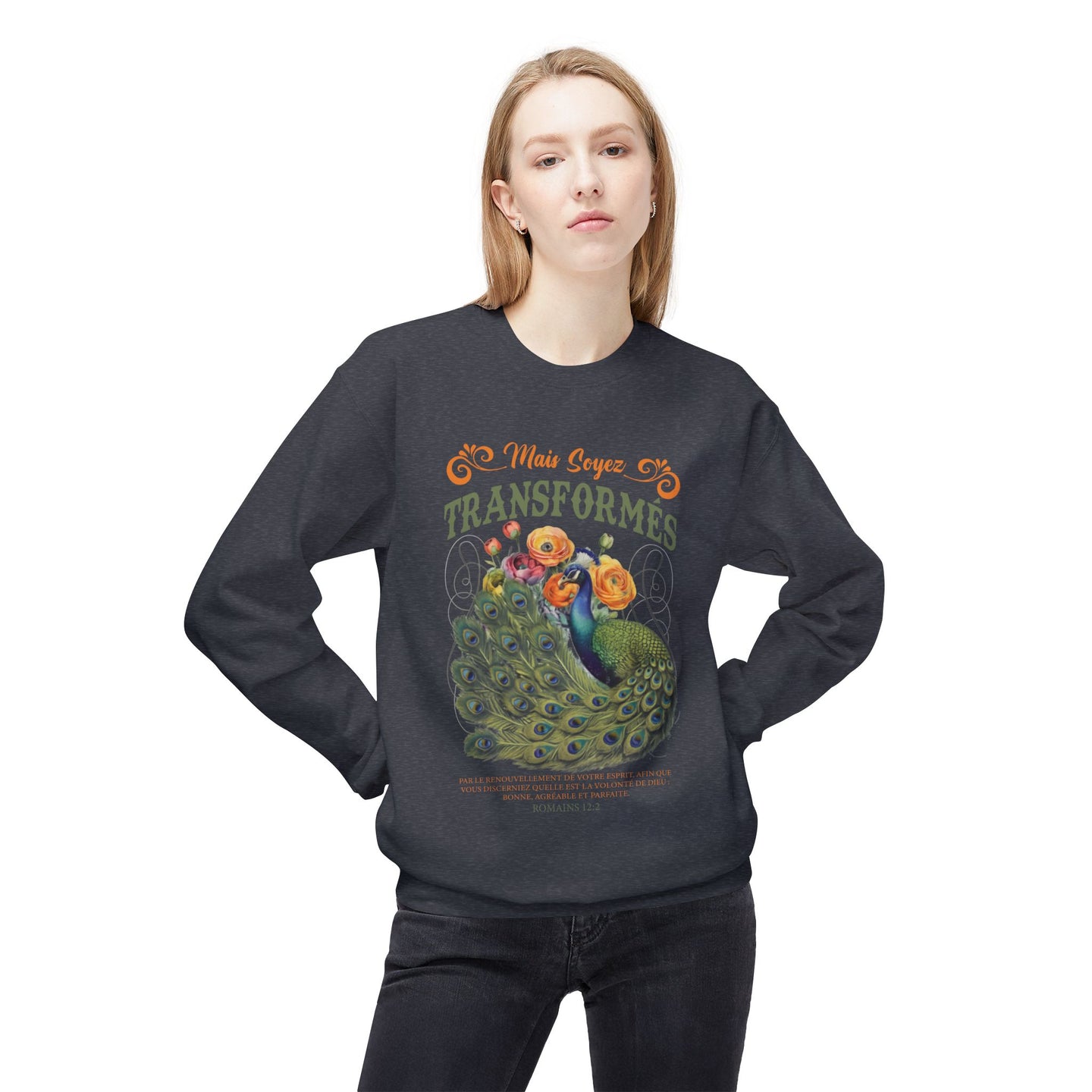 Sweat-shirt gris foncé pour femme avec un motif de paon et le texte Mais soyez transformés.