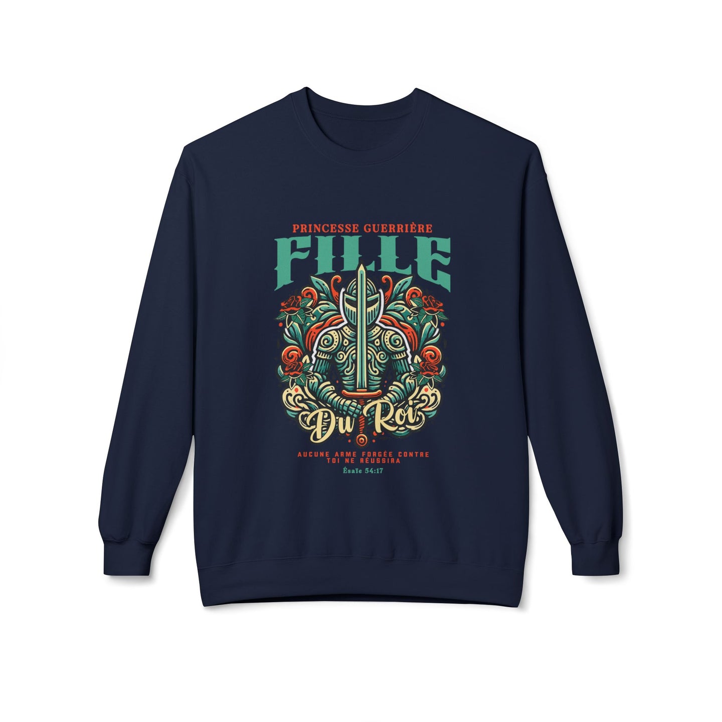 Sweat-shirt bleu marine pour femme avec une illustration de chevalier et un texte religieux.