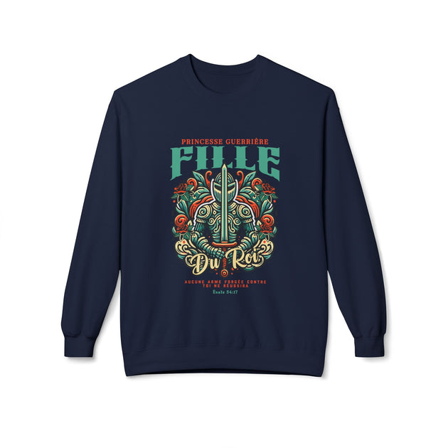 Sweat-shirt bleu marine pour femme avec une illustration de chevalier et un texte religieux.