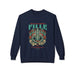 Sweat-shirt bleu marine pour femme avec une illustration de chevalier et un texte religieux.