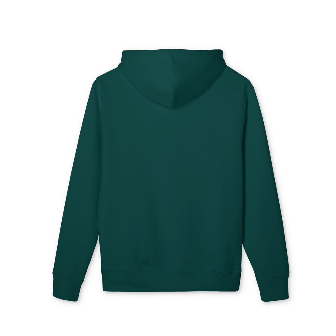 Vue arrière d'un sweat à capuche vert foncé uni avec une coupe classique.