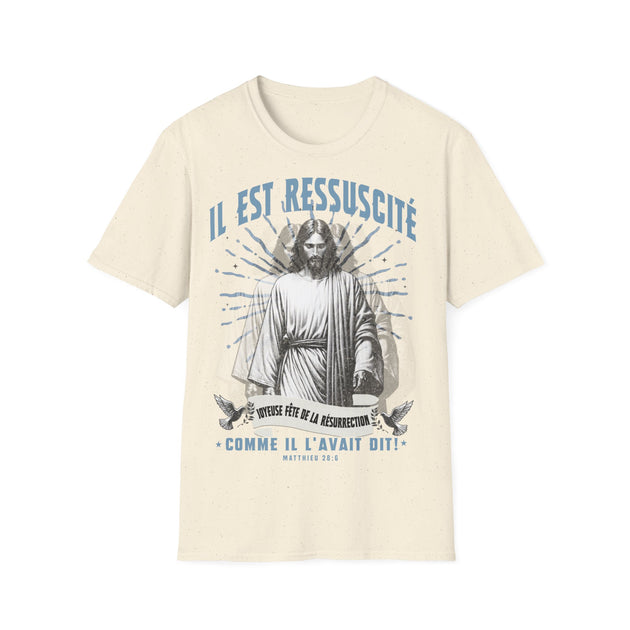 T-shirt beige pour homme illustré d'une image de Jésus avec le texte Il est ressuscité.