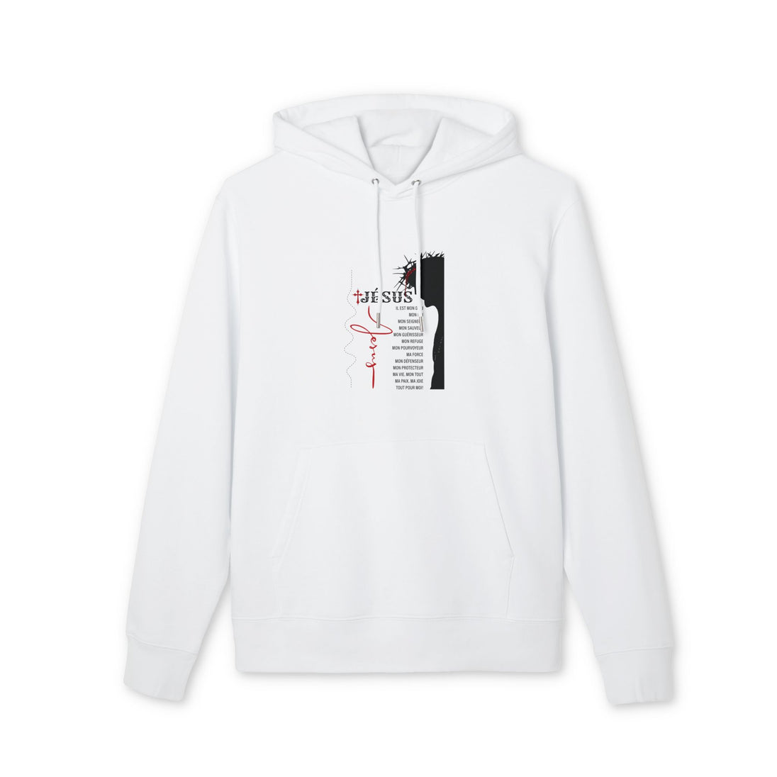 Sweat à capuche blanc pour homme avec une illustration religieuse et du texte en français.