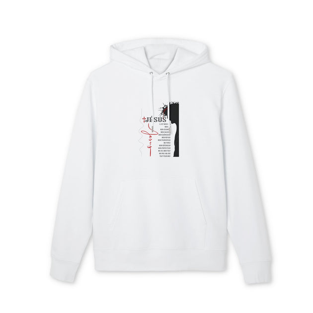 Sweat à capuche blanc pour homme avec une illustration religieuse et du texte en français.