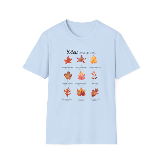 T-shirt bleu clair pour femme orné de neuf feuilles d'automne et de versets bibliques.