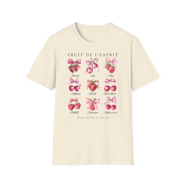 T-shirt beige en coton orné d'illustrations aquarelles de fruits et de rubans avec texte.