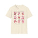 T-shirt beige en coton orné d'illustrations aquarelles de fruits et de rubans avec texte.