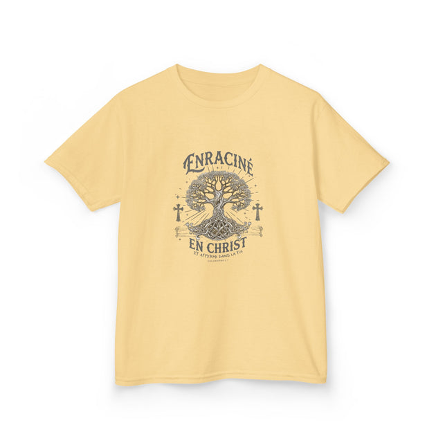 T-shirt jaune pour enfant avec une illustration d'arbre et le texte Enraciné en Christ.