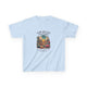 T-shirt bleu clair pour enfant avec une illustration de désert et un verset biblique.