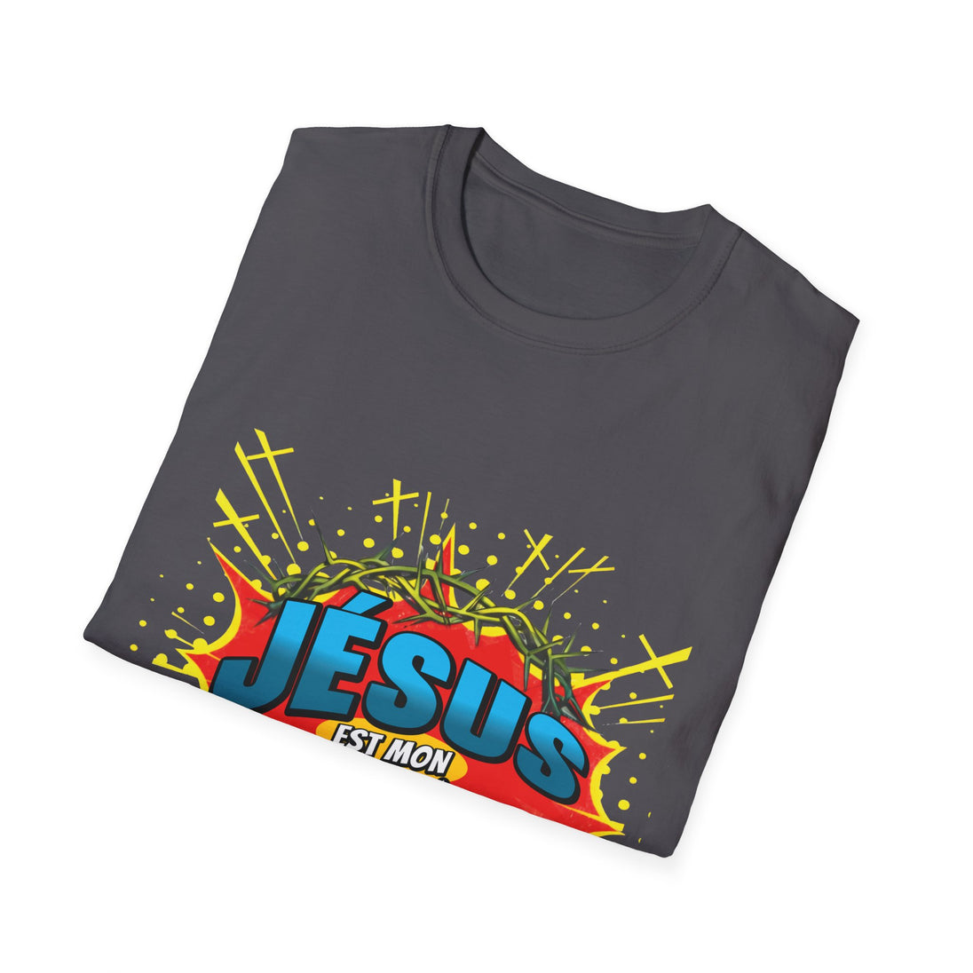 T-shirt gris pour homme avec un motif style bande dessinée représentant Jésus et une couronne.