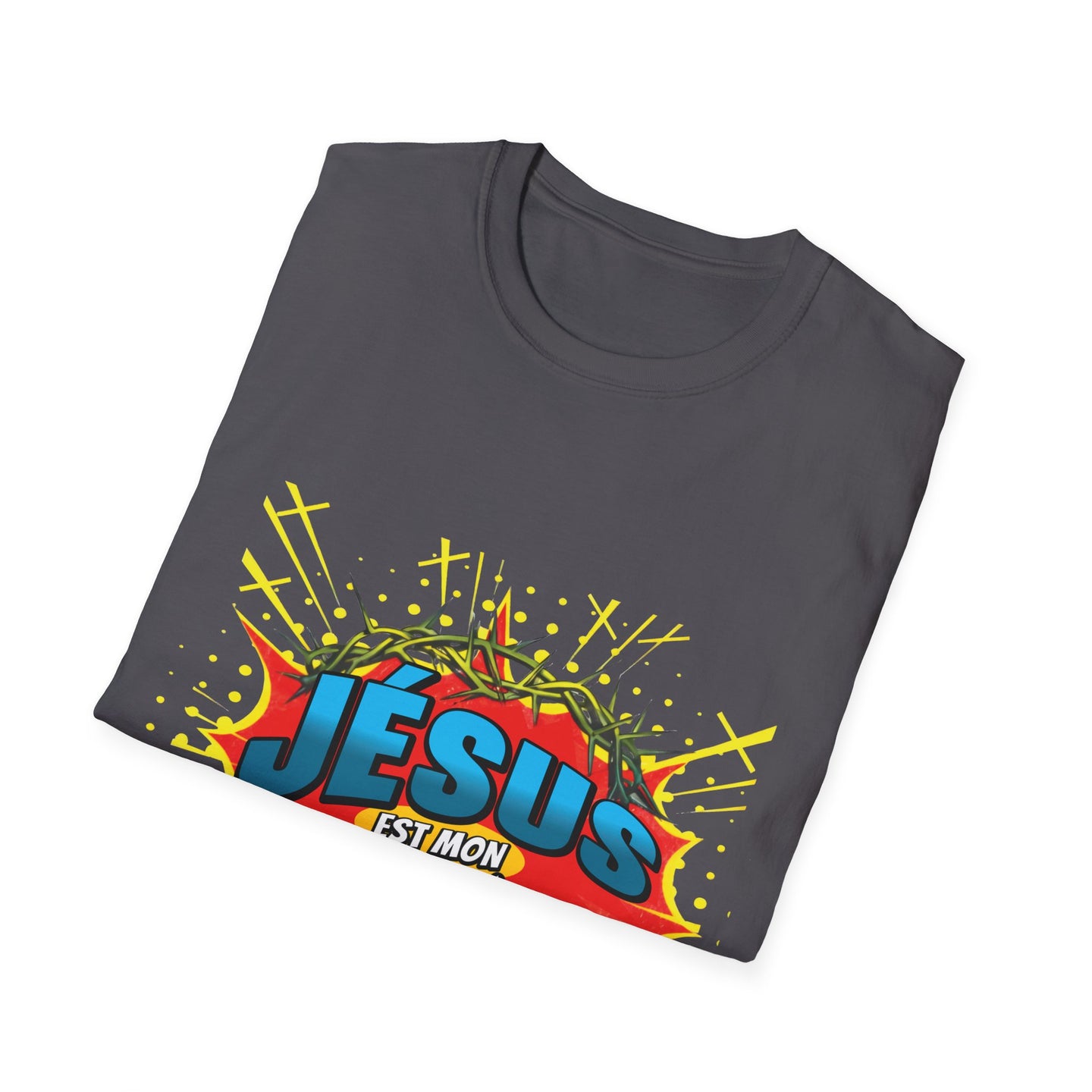 T-shirt gris pour homme avec un motif style bande dessinée représentant Jésus et une couronne.