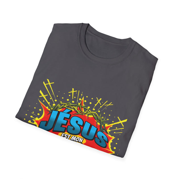 T-shirt gris pour homme avec un motif style bande dessinée représentant Jésus et une couronne.