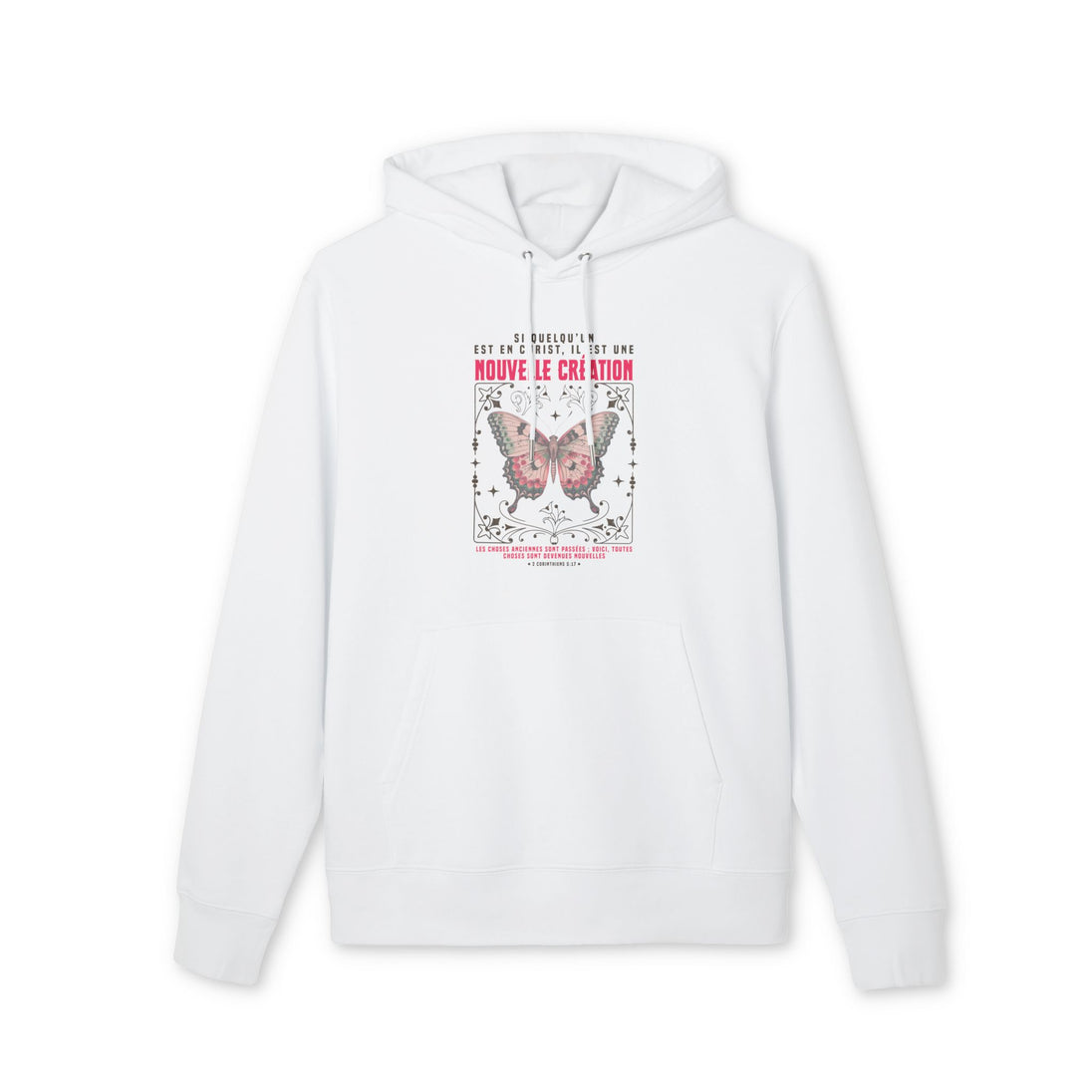 Sweat à capuche blanc pour homme avec un motif de papillon et un texte religieux sur la poitrine.