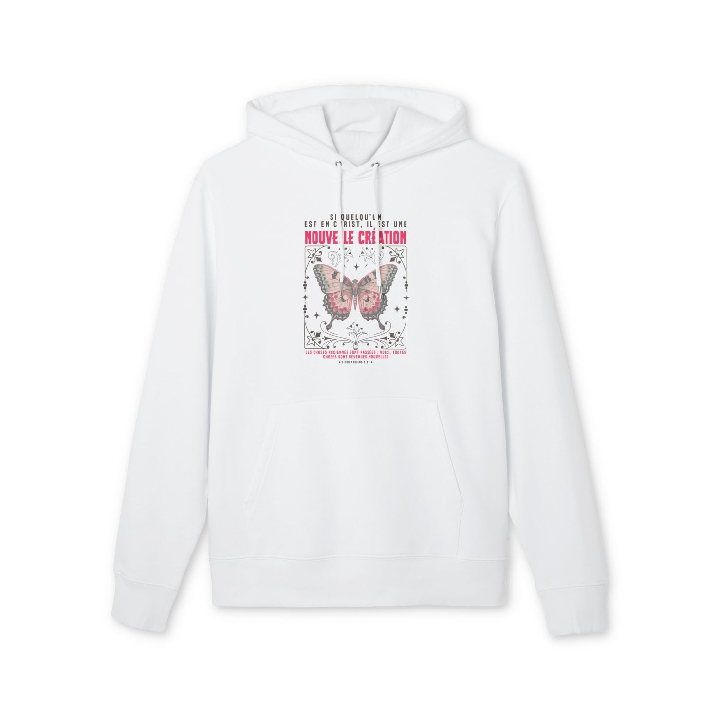 Sweat à capuche blanc pour homme avec un motif de papillon et un texte religieux sur la poitrine.