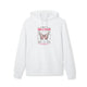 Sweat à capuche blanc pour homme avec un motif de papillon et un texte religieux sur la poitrine.