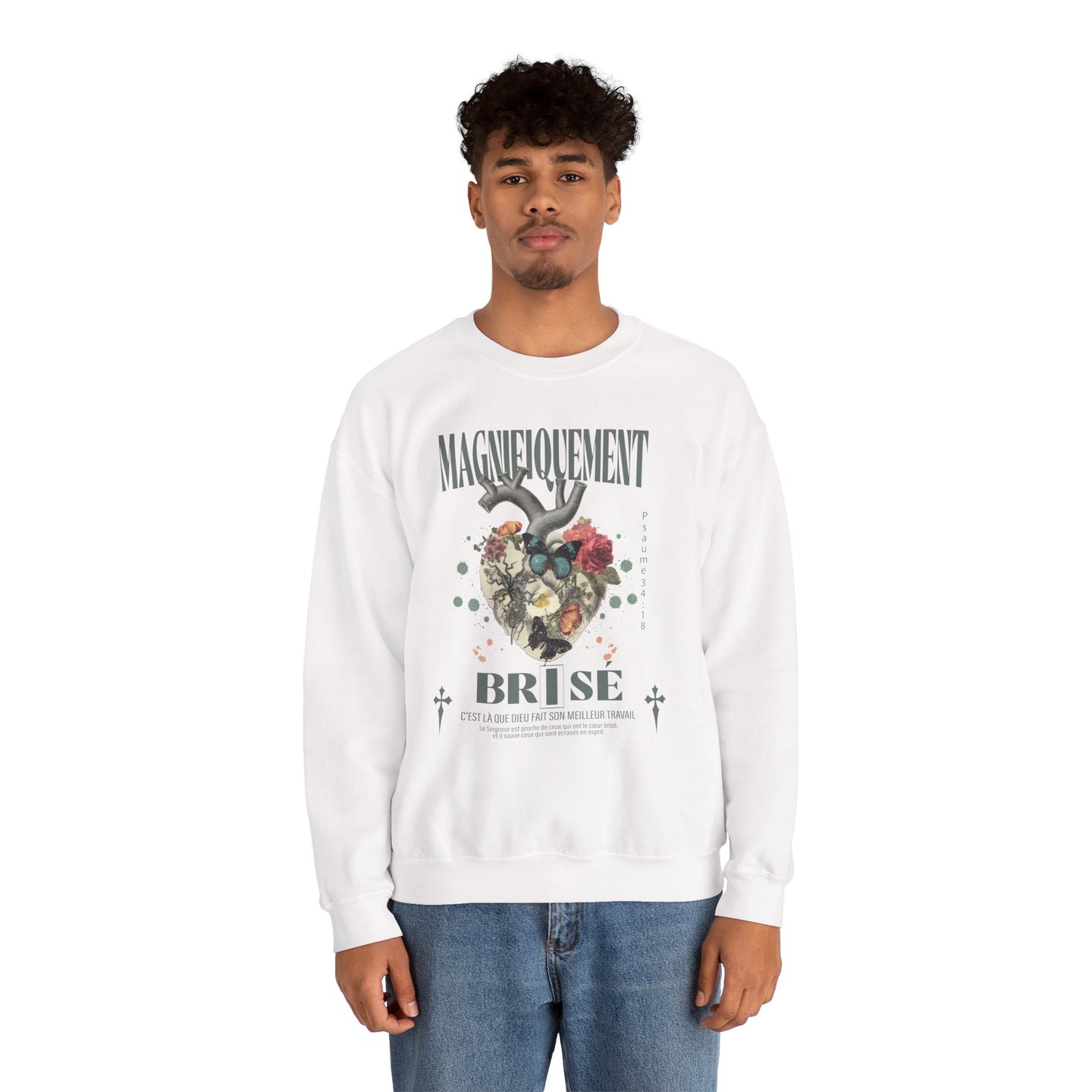 Sweatshirt blanc pour homme avec motif cœur anatomique fleuri et texte Magnifiquement Brisé.