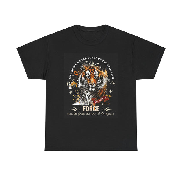 T-shirt noir chrétien avec tigre aquarelle et verset 2 Timothée 1:7 sur la force et la sagesse.