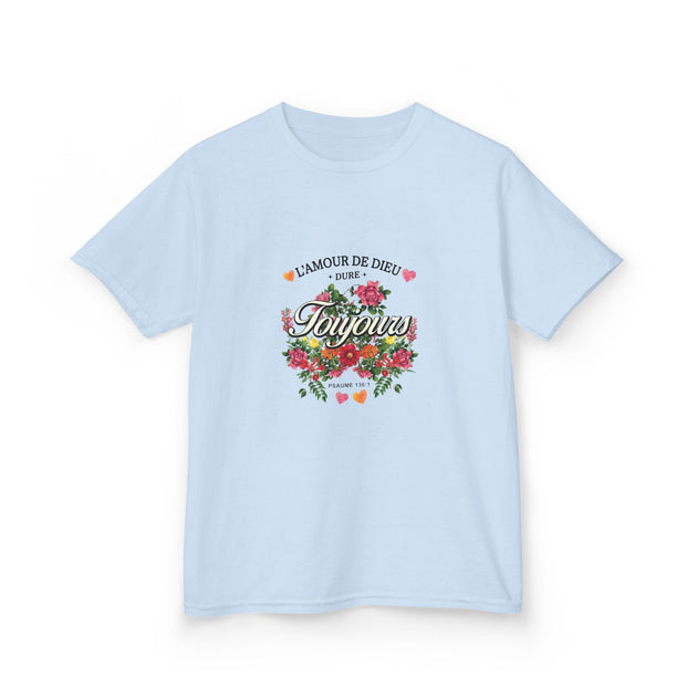 T-shirt bleu clair pour enfant avec un motif floral et l'inscription L'Amour de Dieu Toujours.