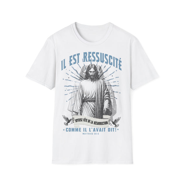 T-shirt blanc pour homme avec une illustration de Jésus et le texte Il est ressuscité.