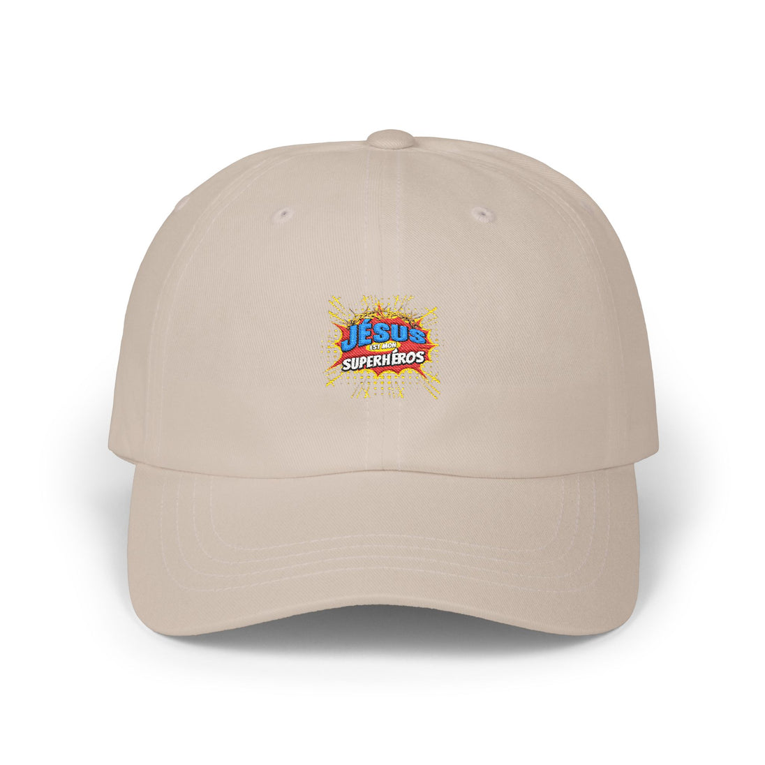 Casquette beige en coton avec un écusson brodé coloré Jesus est mon Superhéros sur le devant.