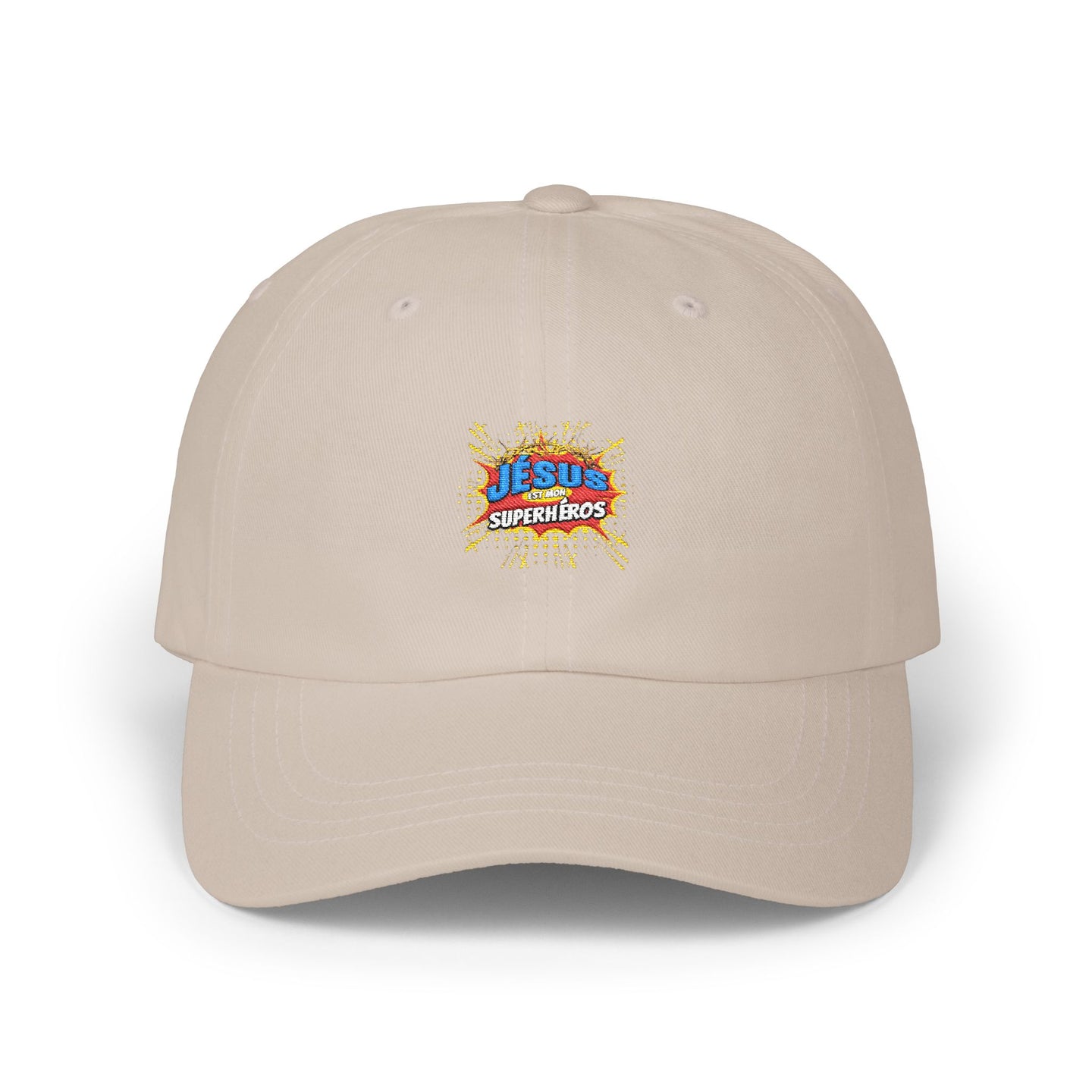 Casquette beige en coton avec un écusson brodé coloré Jesus est mon Superhéros sur le devant.