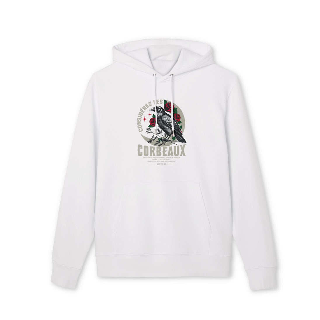 Sweat à capuche blanc en coton biologique avec une illustration de corbeau et des roses.