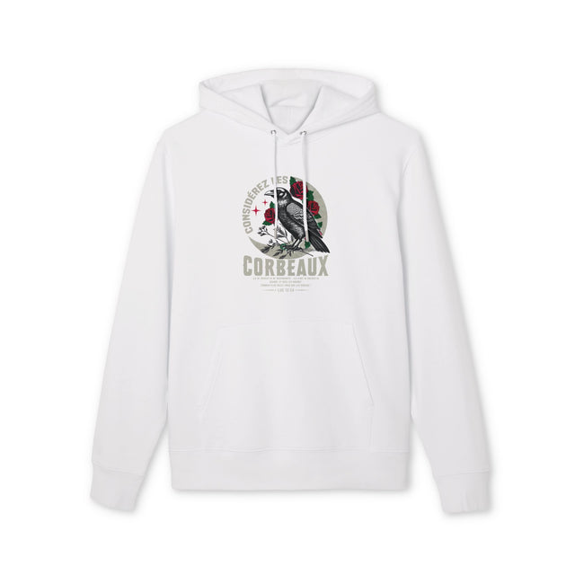 Sweat à capuche blanc en coton biologique avec une illustration de corbeau et des roses.
