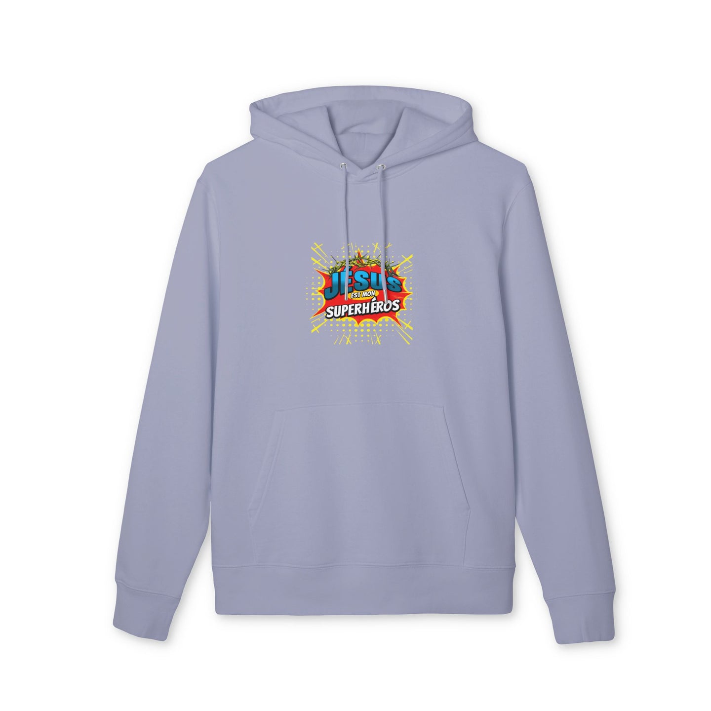 Sweat à capuche bleu lavande avec le motif graphique Jésus est mon superhéros sur la poitrine.