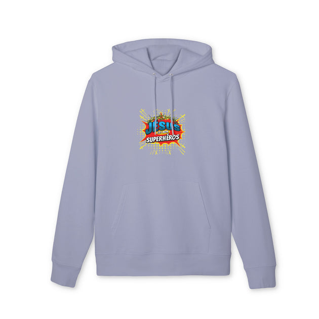 Sweat à capuche bleu lavande avec le motif graphique Jésus est mon superhéros sur la poitrine.