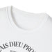 T-shirt blanc à col rond avec une inscription noire sur la poitrine.