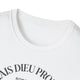 T-shirt blanc à col rond avec une inscription noire sur la poitrine.