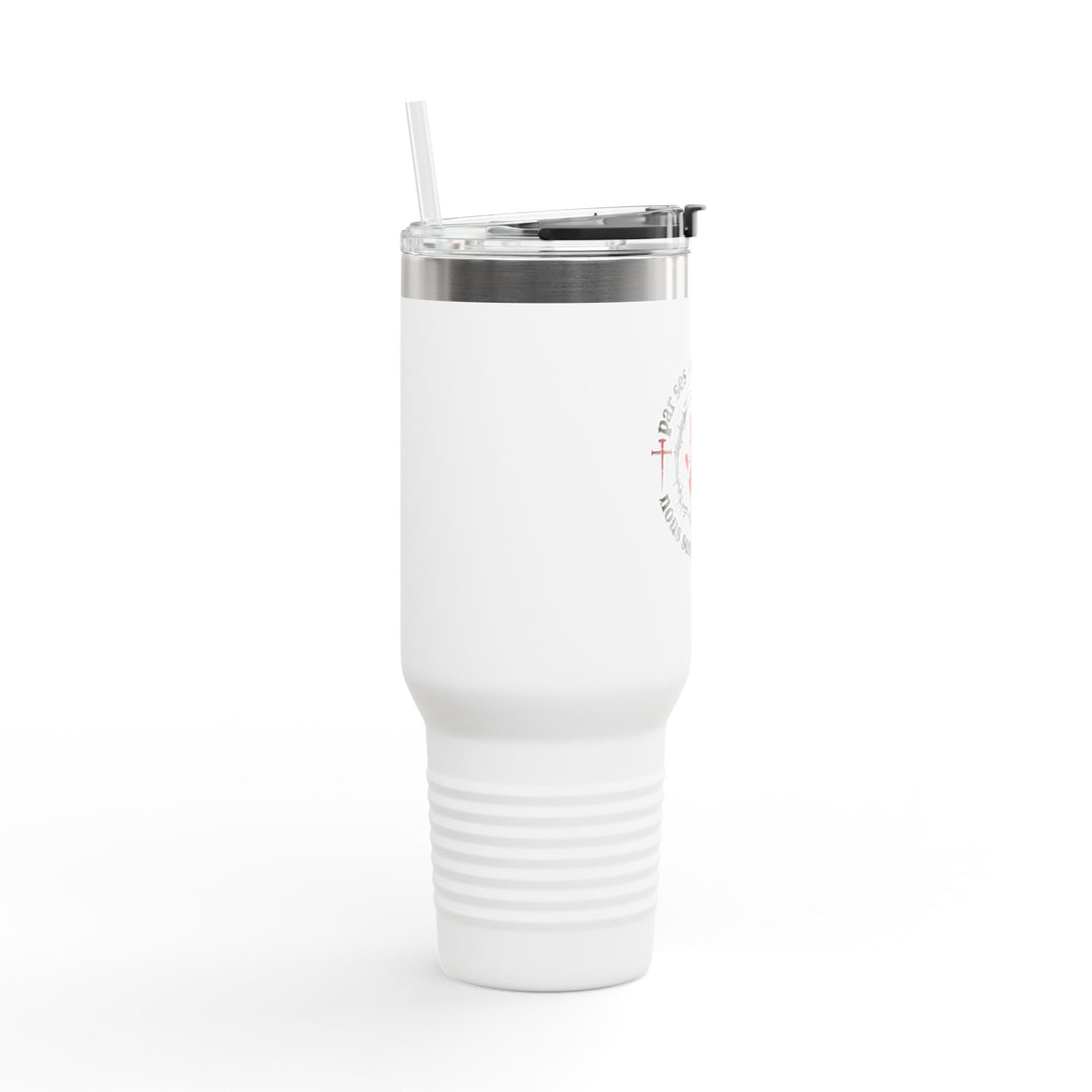 Gobelet isotherme blanc de 40oz avec paille et inscription religieuse sur le côté.