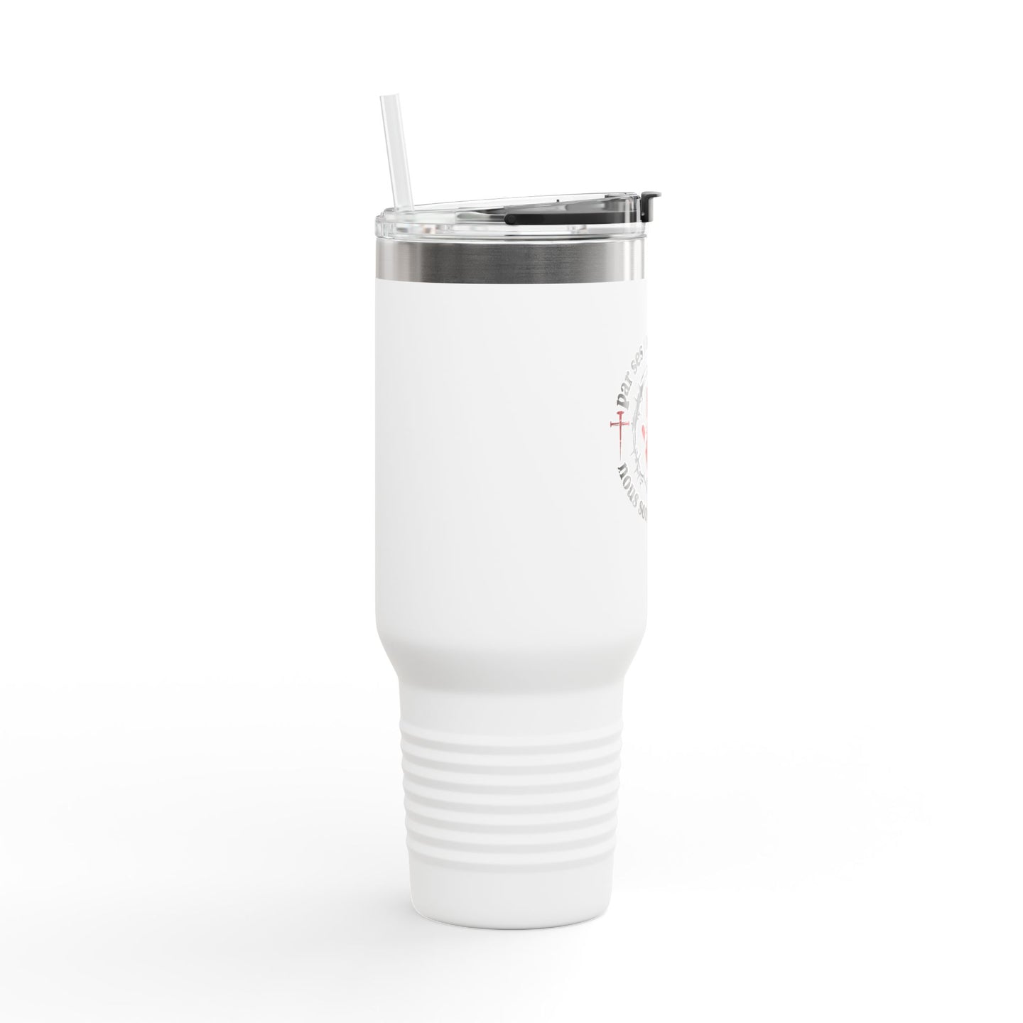 Gobelet isotherme blanc de 40oz avec paille et inscription religieuse sur le côté.