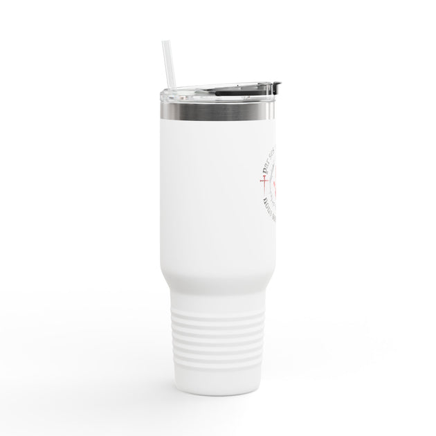 Gobelet isotherme blanc de 40oz avec paille et inscription religieuse sur le côté.
